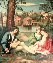 Giorgione: Youth with a guitar and two girls sitting on a river bank