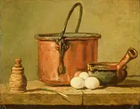 Chardin, Jean-Siméon: Still Life of Cooking Utensils, Cauldron, Frying Pan and Eggs