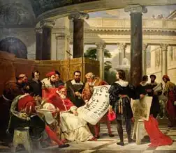 Vernet, Emile Jean Horace: Pope Julius II ordering Bramante, Michelangelo and Raphael to construct the Vatican and St. Peter