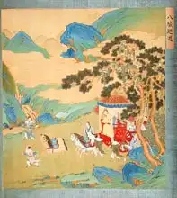 Čínská škola (17. století): Emperor Mu Wang (c.985-c.907) BC of the Chou Dynasty in his chariot, from a history of Chinese emperors