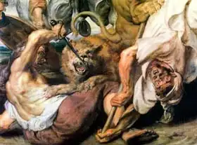 Rubens, Peter Paul: Lion Hunt, detail of two men and a lion