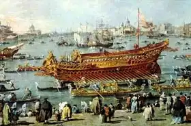 Guardi, Francesco: Departure of the Bucentaur Towards the Venice Lido on Ascension Day, detail of the boat