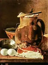 Meléndez, Luis: Still Life with ham, eggs, bread, frying pan and pitcher