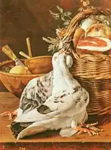 Meléndez, Luis: Still Life with pigeons, wicker basket, ham, onions and a lemon