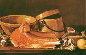 Meléndez, Luis: Still Life with meat, cooking pots, chickpeas, a lemon and garlic