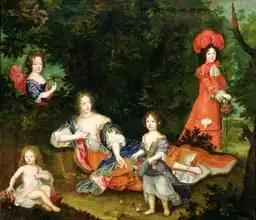 Francouzská škola (17. století): Portrait of Francoise-Athenais de Rochechouart-Mortemart (1641-1707) Marquise de Montespan, surrounded by her legitimate