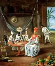 Le Masurier: Mulatto Woman with her White Daughter Visited by Negro Women in their House in Martinique