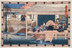 Hiroshige, Ando or Utagawa: Act IV: Envoys from the Shogun Approach Lady Kaoyo and Group at Enya Castle, Bringing Sentence of Death to Enya, Lady