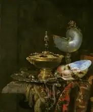 Kalf, Willem: Magnificent Still Life with Holbein Bowl, Nautilus and glass cup and fruit bowl