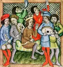 Česká škola (14. století): Seated crowned figure surrounded by musicians playing the lute, bagpipes, triangle, horn, viola and drums