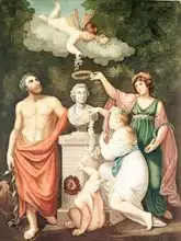 Anglická škola (19. století): Aesculapius, Flora, Ceres and Cupid Honouring the Bust of Linnaeus